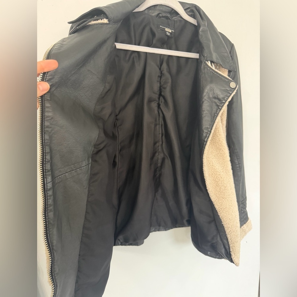 Slate & Willow Womens Large Beige Sherpa Black Genuine Leather Moto Aviator Coat - Picture 7 of 10